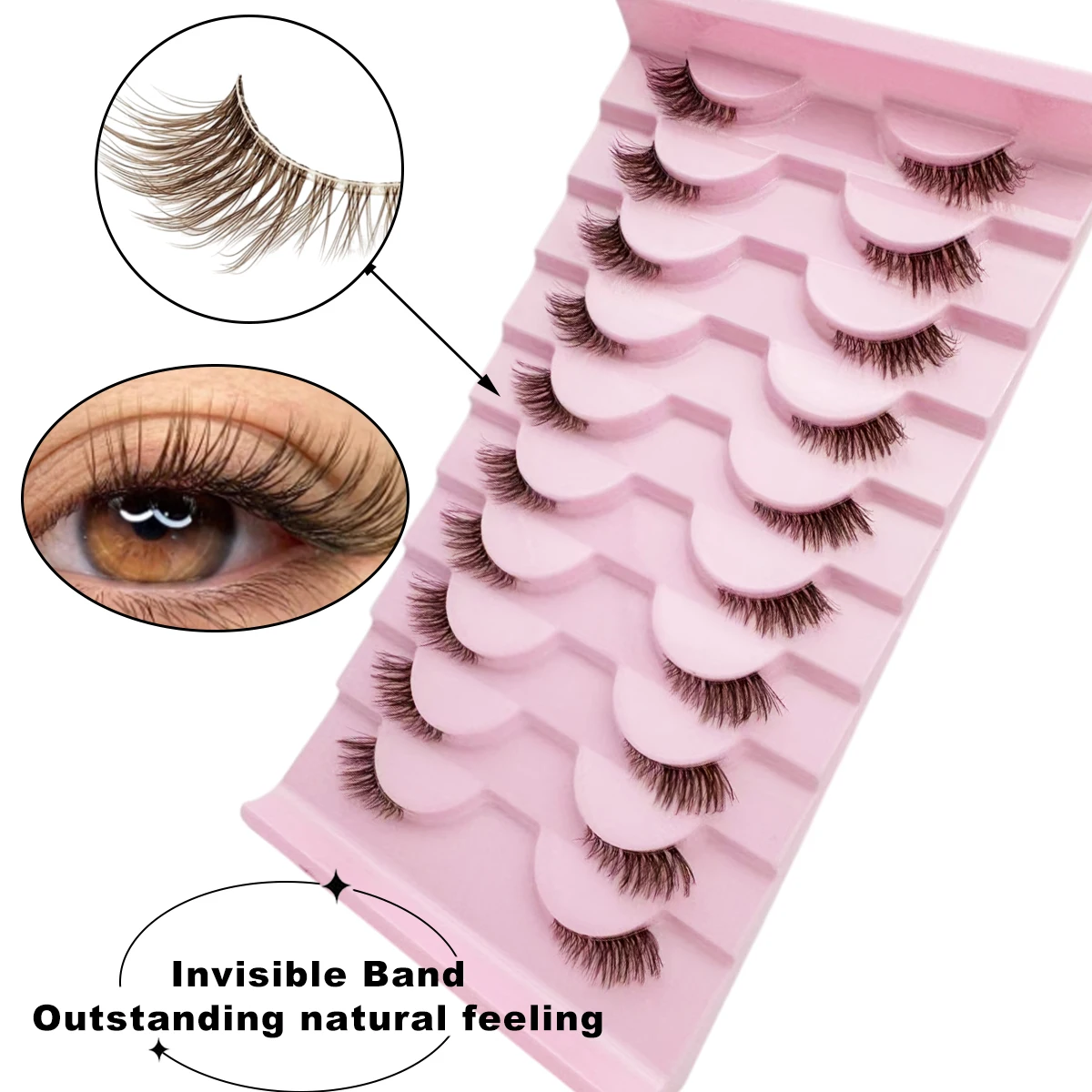 10 pares de pestañas postizas marrones de medio ojo con tallo negro único pestañas de aspecto natural que mejoran la forma de los ojos