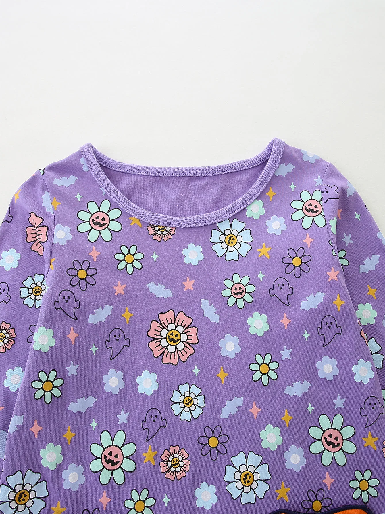 TUONXYE Halloween-Kleid aus Baumwolle für Babys, langärmelig, lila, mit Blumenmuster, Geister-Motiv, Kleinkind-Kleid, Kürbis-Patches, lässiges Party-Outfit – Detail 4