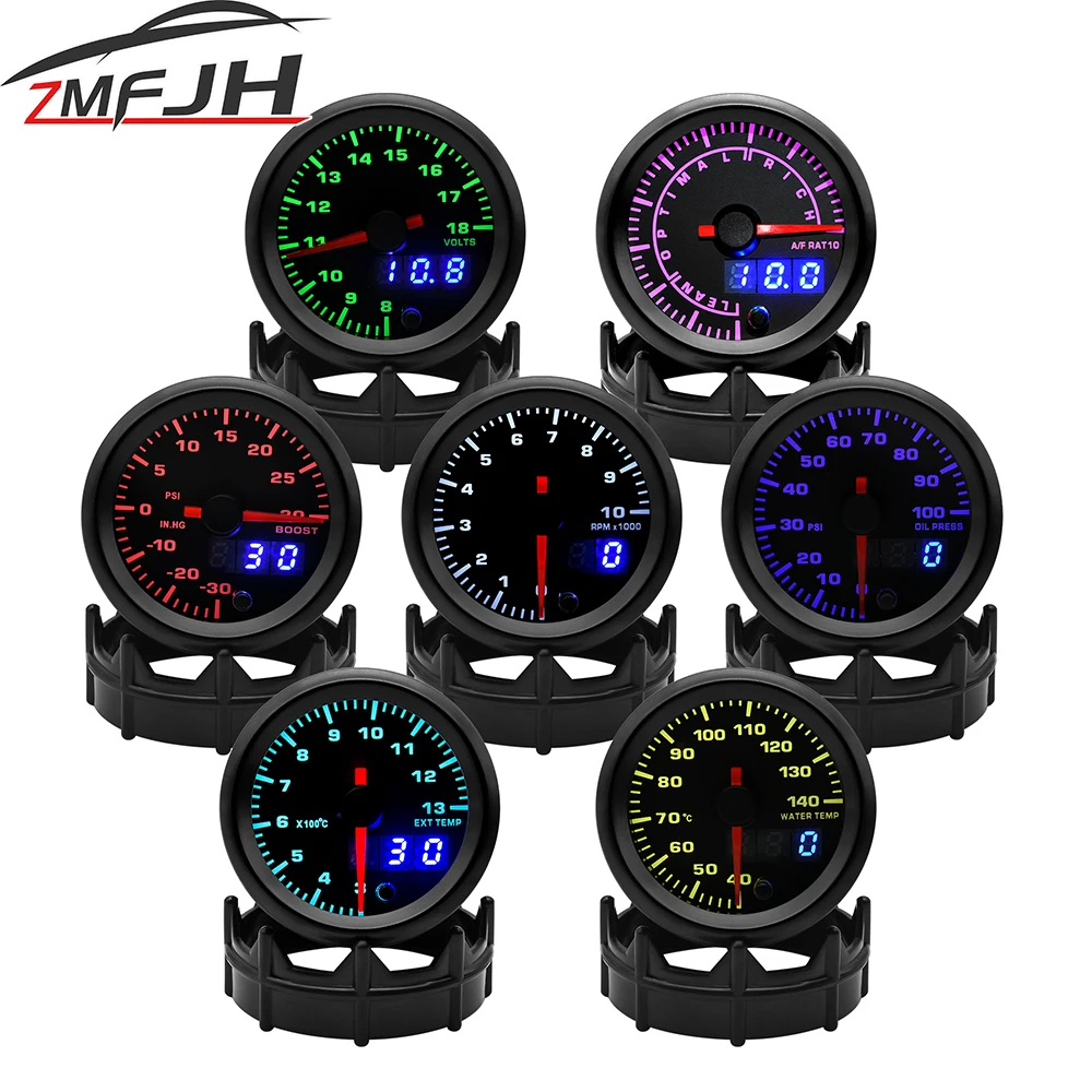 

52 мм Автомобильный повышающий датчик температуры воды, давления масла, обороты в минуту, тахометр, соотношение воздуха и топлива, датчик температуры EXT для автомобильного счетчика 12 В, 7 цветов подсветки