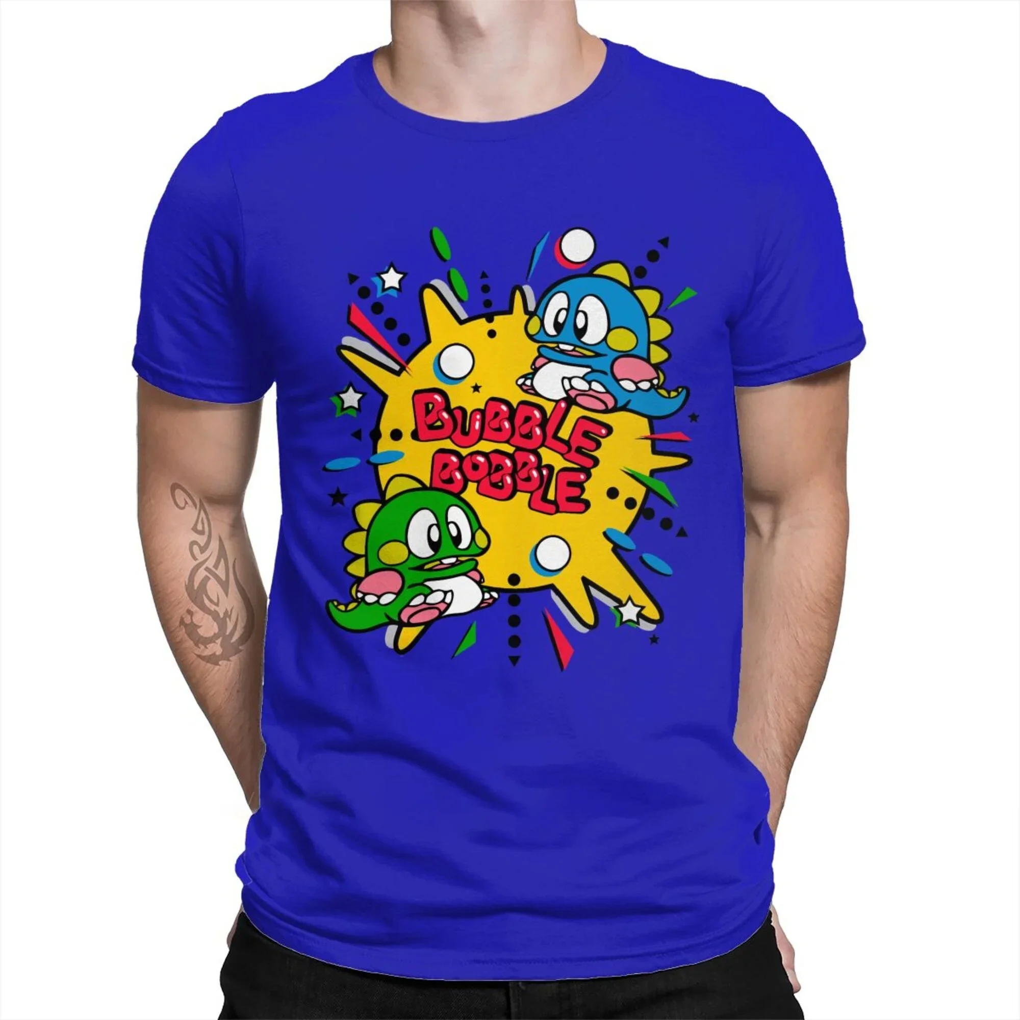 70s 80s Arcade Game Bubble Bobble T-Shirt Men 100% Cotton Short Summer Sleeve Casual Plus Size Shirt Adults Fashion Streetwear