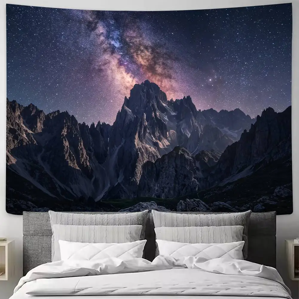 Cosmic Milky Way Mountain Tapestry, Dark Night Starry Sky Sharp Rocky Peaks Wall Hanging, Mystical Nature Galaxy Scenery Decor