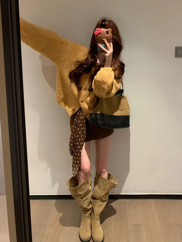 

Loose Women's Knitted Yellow Sweater Coat Casual Autumn Winter New Sle Korean Faion Outerwear Comfortable Long Sve