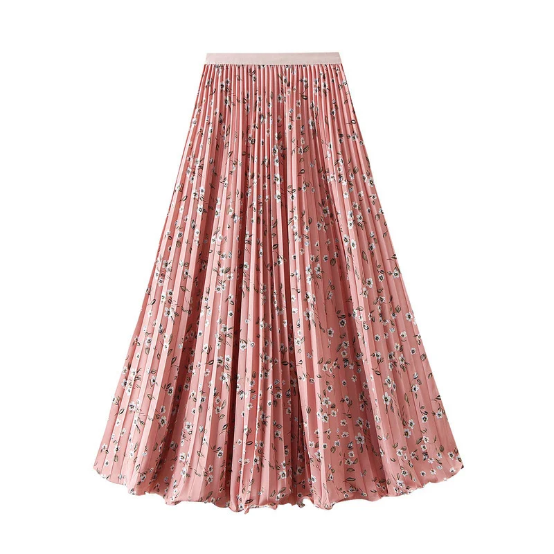 Korean Floral Printed High Waist A-Line Skirt Women Sweet Elastic Waisted Large Hem Long Skirts Woman Boho Pleated Mid Skirts