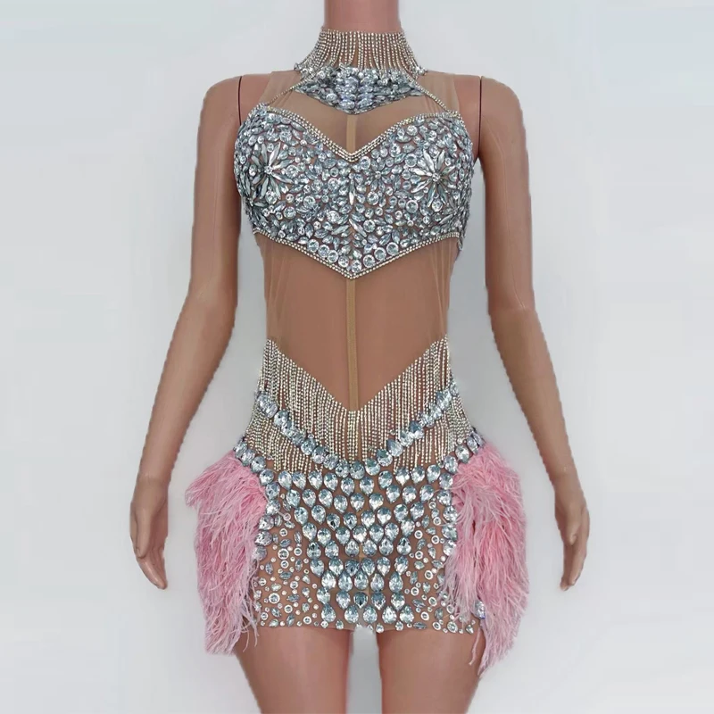 Strój na rave sceniczny, seksowna sukienka z siateczki, zdobiona dżetami i piórami, kostium do tańca jazzowego dla kobiet, strój klubowy, DJ, bar, sukienki na imprezę Gogo, XS10410