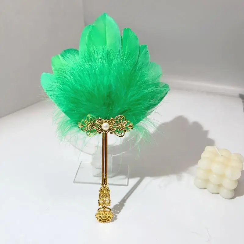 New Gold Handle Feather Hand Fan Colorful Vintage Ornate Fluffy Feather Fan Chinese Style Fairy Fan Dance Fan Stage Performances