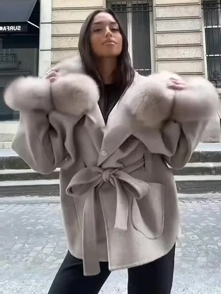 

HH Woman Winter Fashion Long Sleeves Pockets Solid Faux Fur Collar Bow Lace-Up Decoration Commuting Hooded Woolen Long Coat