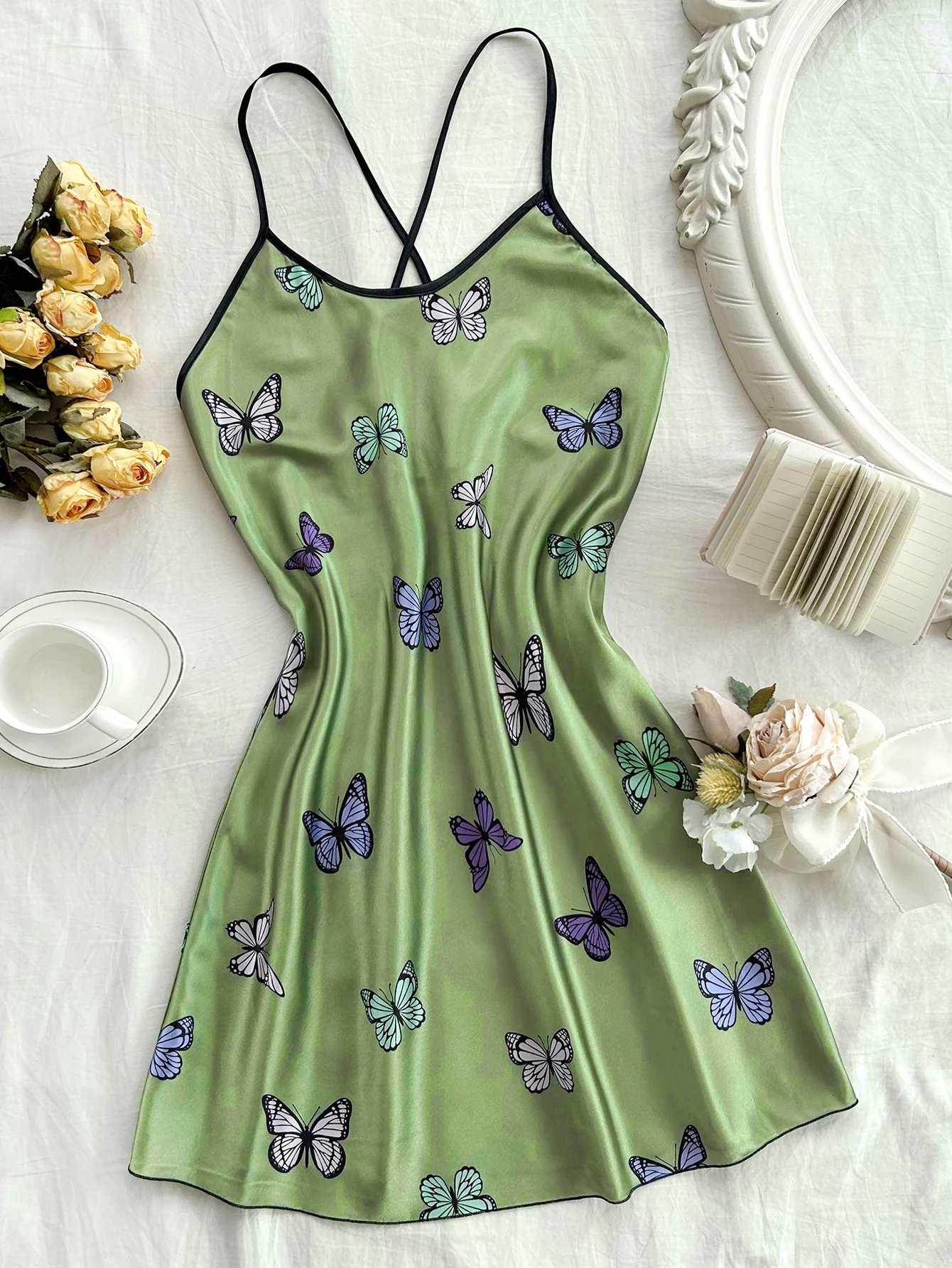 European-style ice silk slip nightdress sexy backless pajama lady imitation silk casual breathable printed butterfly slip dress