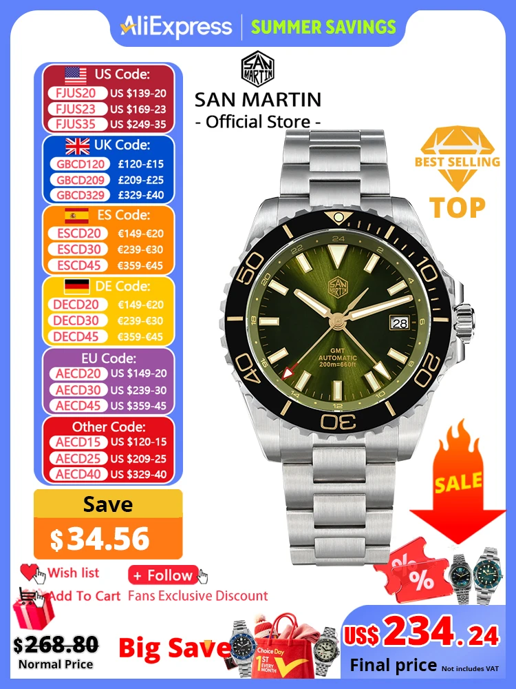 Reloj San Martin Diver GMT de 39mm con esfera esmaltada NH34 de acero inoxidable, reloj de lujo para hombre, reloj mecánico automático con zafiro luminoso SN0136