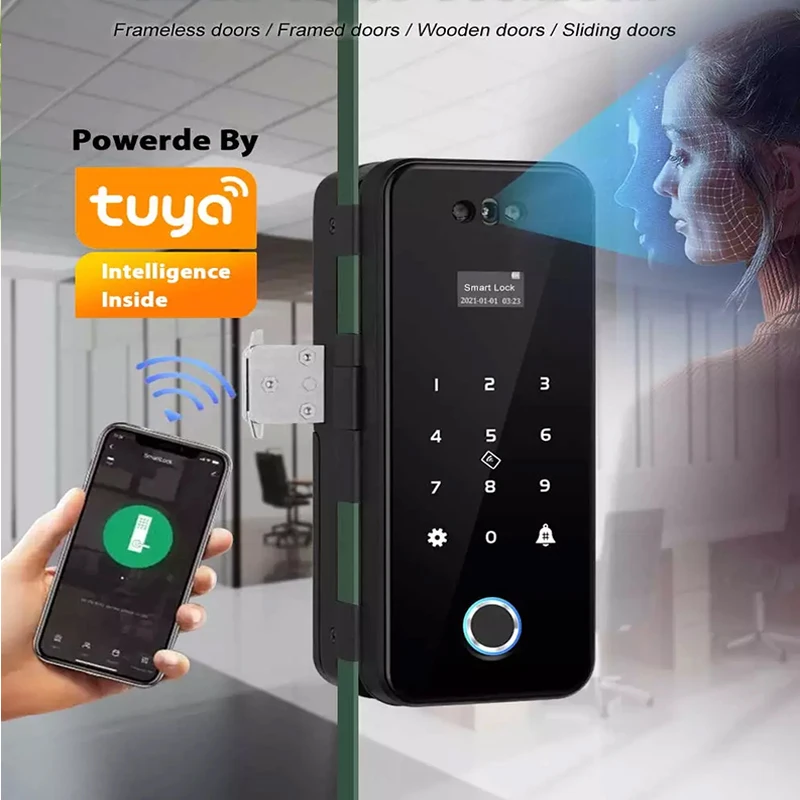 3D Face Recognition Glass Door Lock Biometric Tuya App Remote Unlock WiFi Smart Fingerprint Lock