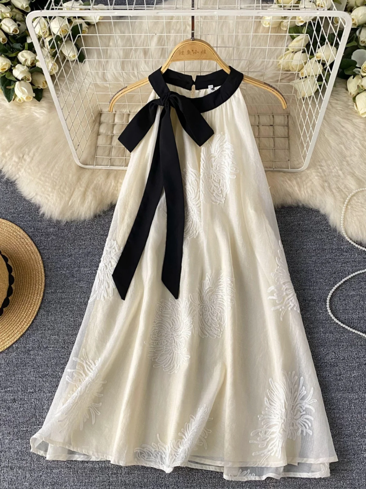 

SsTss Summer Beach Vacation Short Dress Women Fashion Bow-tied Collar Sleeveless Loose Waist Jacquard Floral A Line Fairy Dress