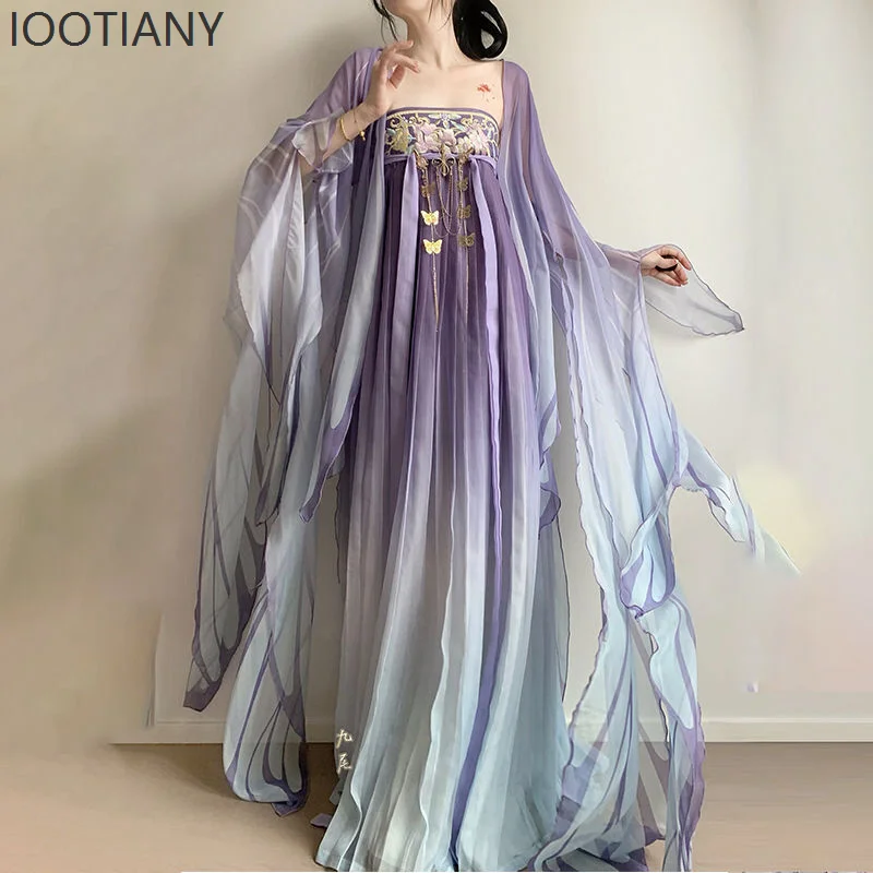 IOOTIANY Abito Hanfu Cinese Dinastia Tang Adulto Viola Femminile Costume Antico Gonna Ricamato Maniche Larghe Vestito Stampato