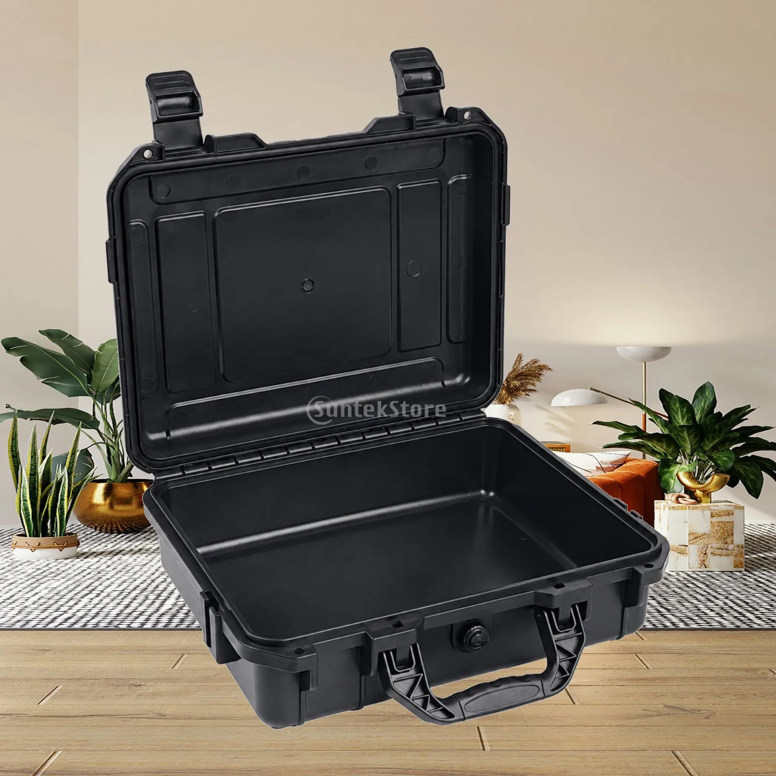 Portable Impact Resistant Waterproof Case with Snap Closures and Folding Handle for Workshop Travel