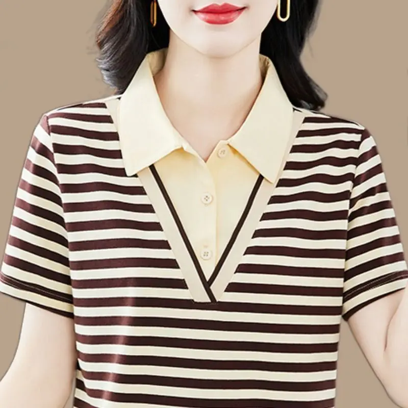 Women's Striped Polo Shirt Casual Summer Top With Contrast Collar And Button Front Design For Middle Age Women