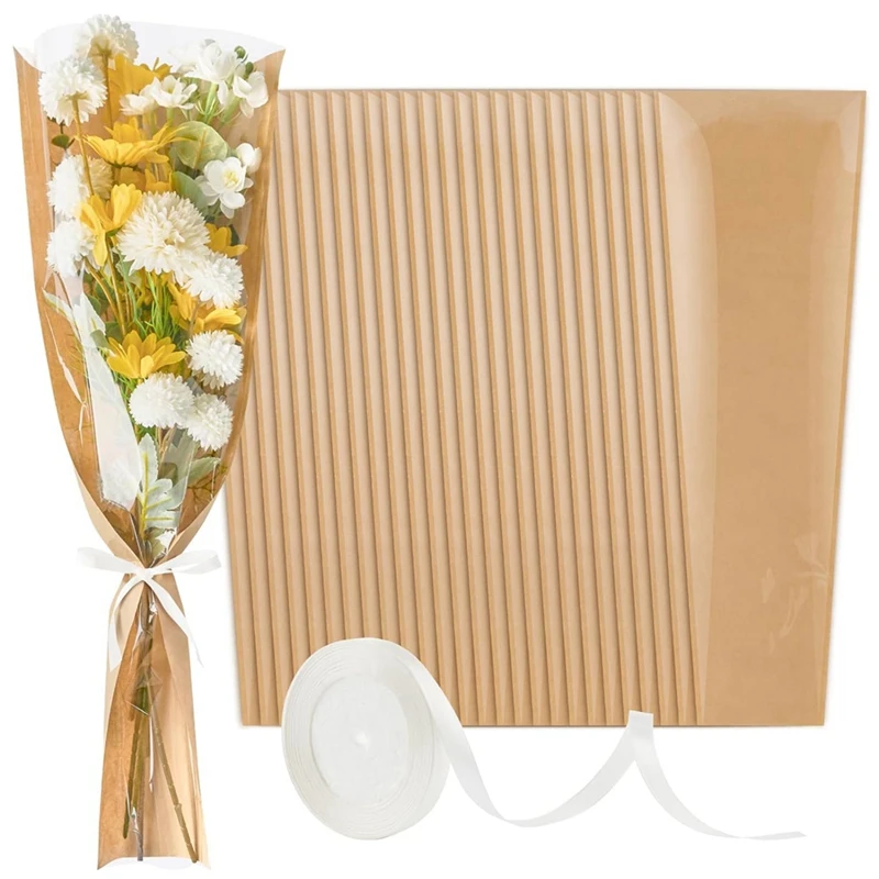 50 Pack Flower Sleeves For Bouquets,Flower Wrapping Paper Kraft Floral Wrap Bag With Ribbons For Florist Wedding Easy Install