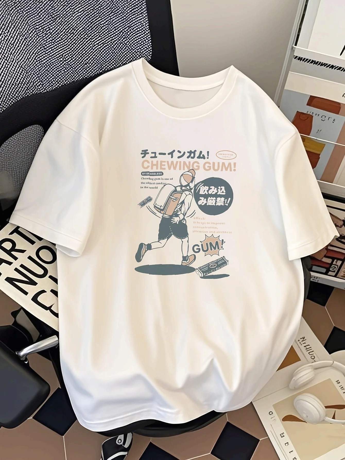 

PRIVATHINKER Men's Oversized Cotton T-Shirt - Casual Harajuku Streetwear, Summer Graphic Tee with "Chew Gum!" Print, Loose Fit