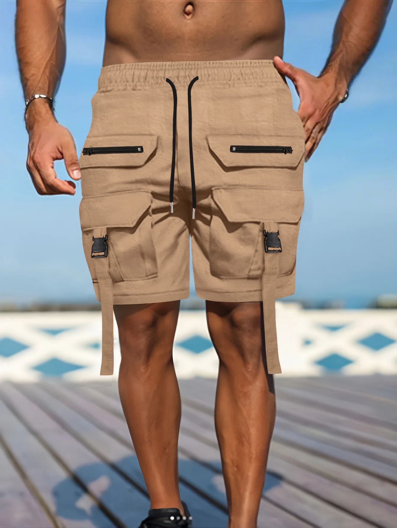 2026 Neue Herren Multi-Taschen Street Punk Hip Hop Cargo Shorts Taktische Techwear Knielange Weite Kurze Hosen – Detail 2