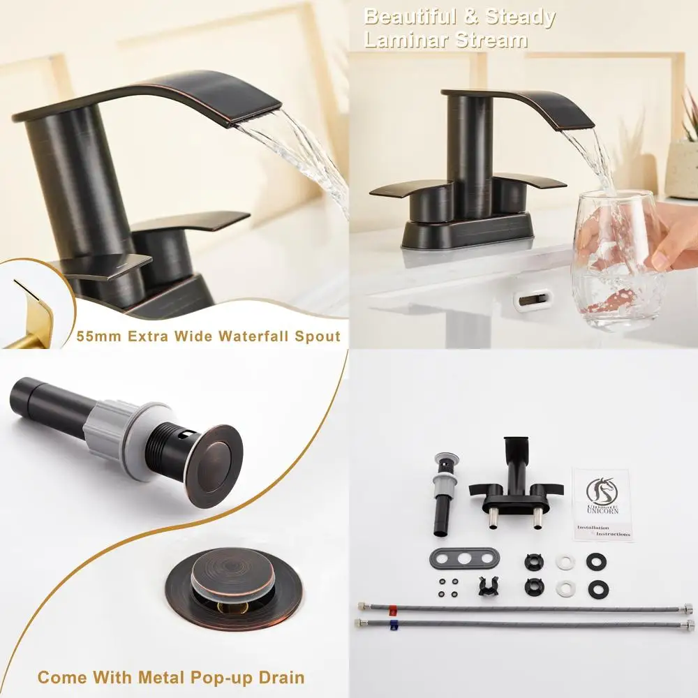 

Oil-Rubbed Bronze 4 Sink Faucet, Dual Handle Waterfall Design with Pop-Up Drain, Suitable for 3 or 2 Holes, US D983,326 S Patent