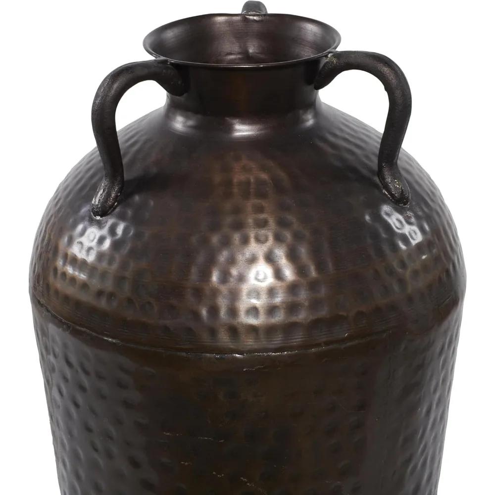 Metal Tall Floor Mediterranean Style Vase with Hammered Details and Handles  Brown MADE OF IRON BROWN POLISHED FINISH