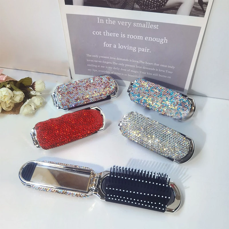 Diamond Mini Portable Folding Comb Mirror 2in1 Bling Rhinestone Air Cushion Comb Cosmetic Travel Pocket Hair Brush Makeup Tool