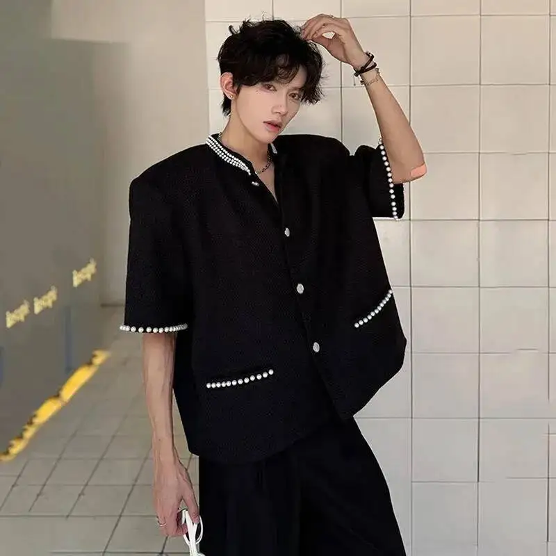 Pearl Decoration Men's Jackets Soldi Color Short Sleeved Round Neck New Casual Tops Single Breasted Loose Male Coats 9WXQ0X