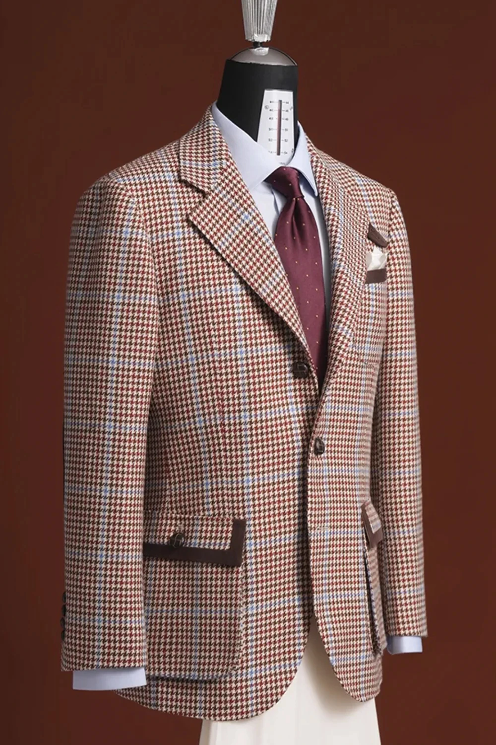 Hahnentritt-Luxus-Hochzeitsmantel für Männer, Ellenbogen-Patch, Blazer, Revers, einreihiger Mantel, nur Jacke nach Maß – Detail 2