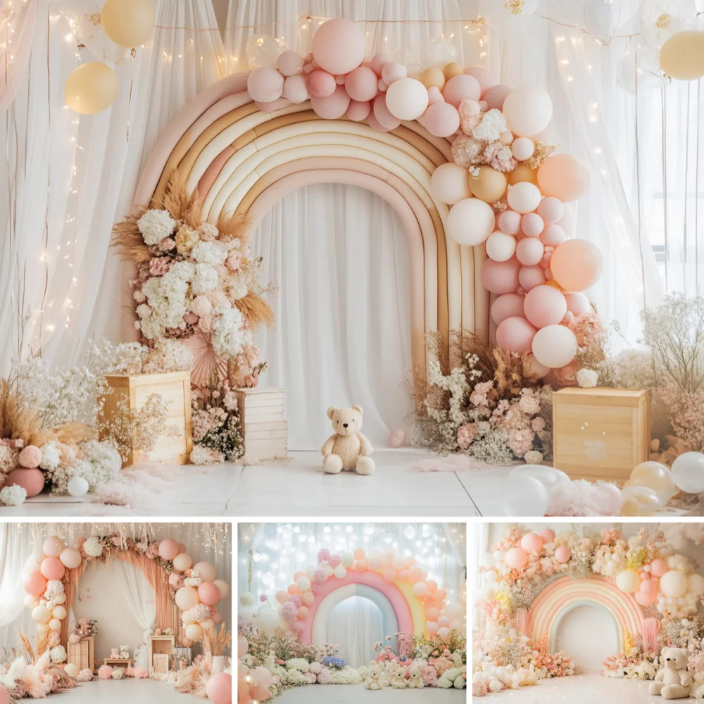 Rainbow Arch Balloon Small Bear Background Photography Baby Newborn Birthday Backdrop Children Photozone Decor Photo