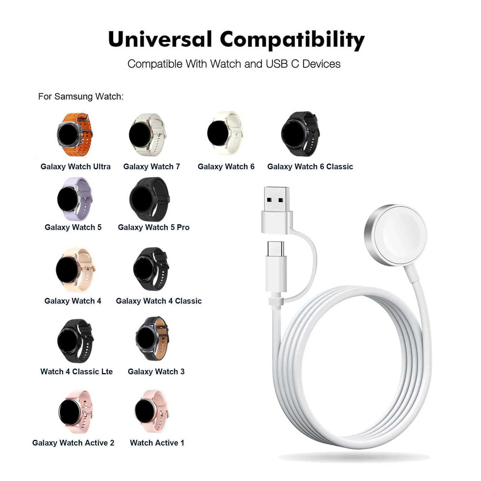 Portable USB Cable Fast Charging Dock Station Magnetic Watch Wireless Charger For Samsung Galaxy Watch 7/6/5pro/5/4/3 Active 2