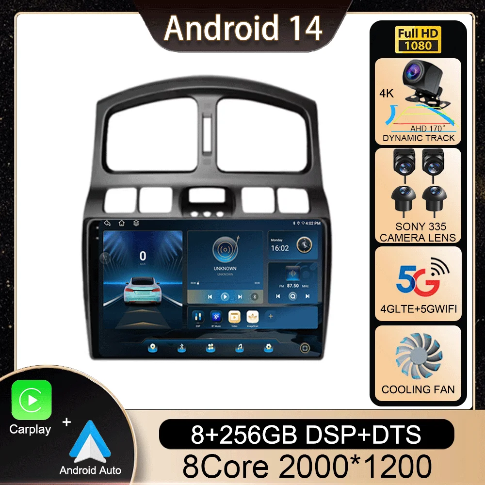 2Din Android 14 Car Radio for Hyundai Classic Santa Fe 2000 - 2004 JAC S1 (Rein) 2005-2015 Multimedia Player Carplay Head NO DVD