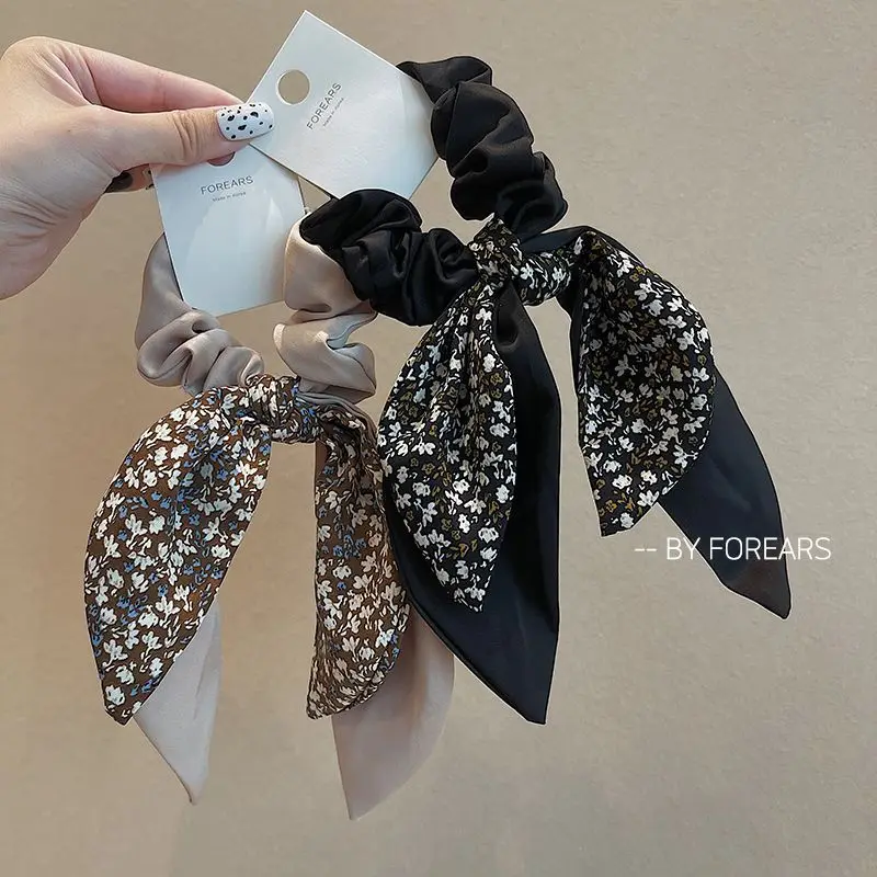 

New Style Streamer Scrunchies Elegant Floral Bow Knot Rope French Design Autumn Winter Solid Color Hair Ribbons Hair Accessories