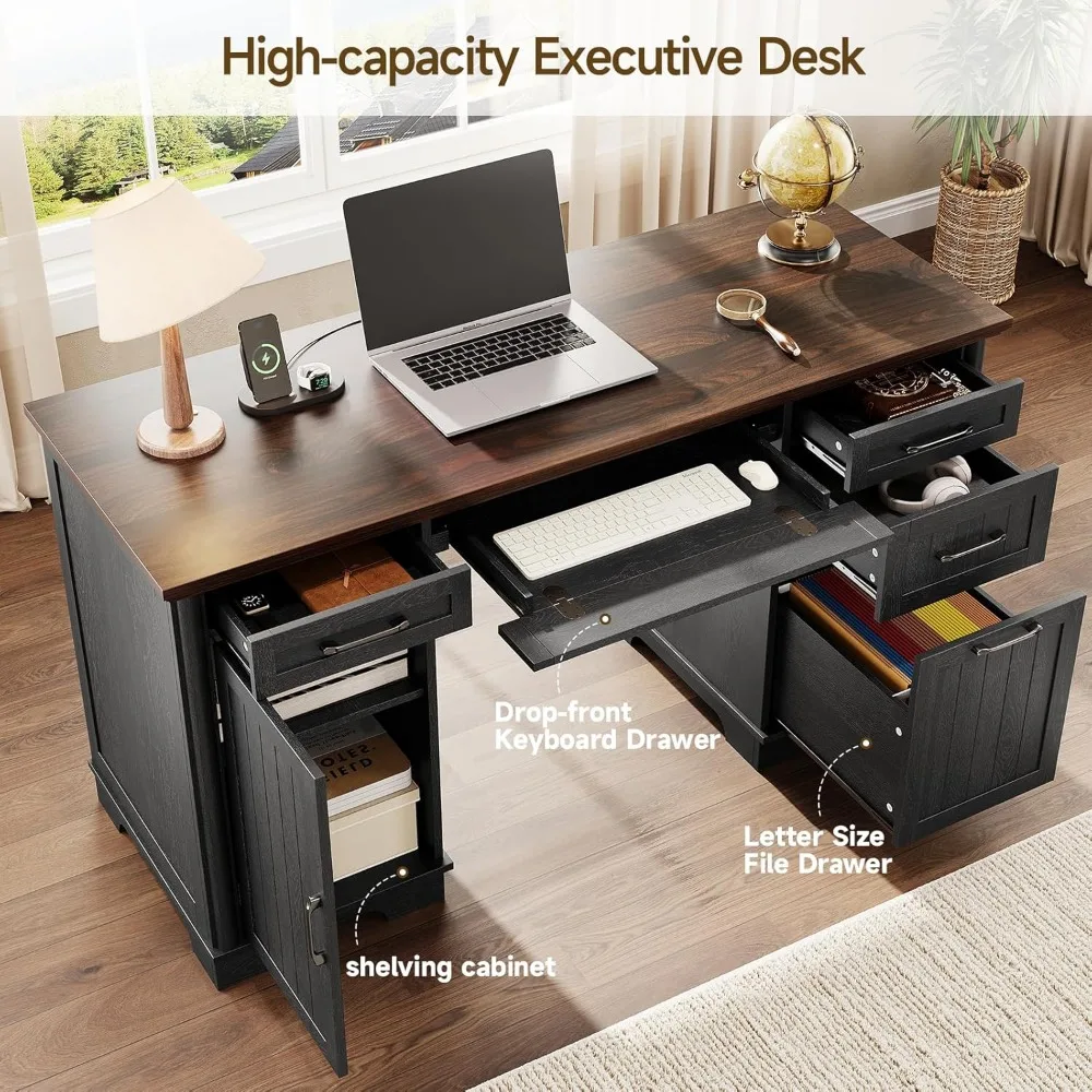 مكتب مزرعة تنفيذي كبير وحديث مع أدراج ملفات ومحطة شحن للمكتب المنزلي #3