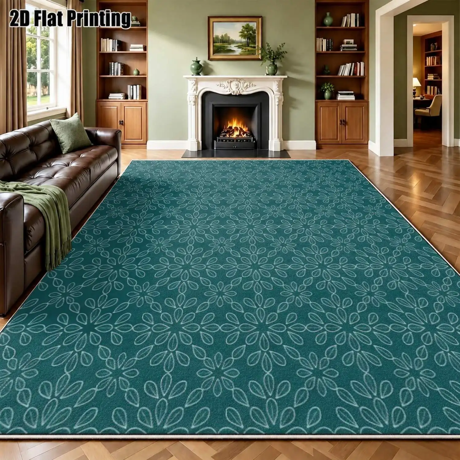 1Pc 2D Printed Velvet Carpet, Dark Green White Geometric Nordic Style Floor Mat, Machine Washable, Multi-Size for Home Decor