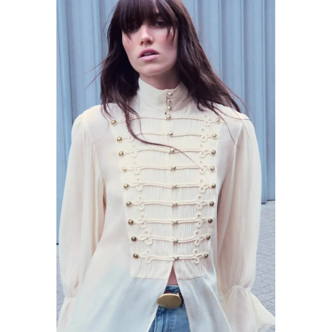 Romantic Style Women's Shirt Versatile Rope Knot Buckle Casual Loose Polyester Long Sleeve Breathable round Neck Button up