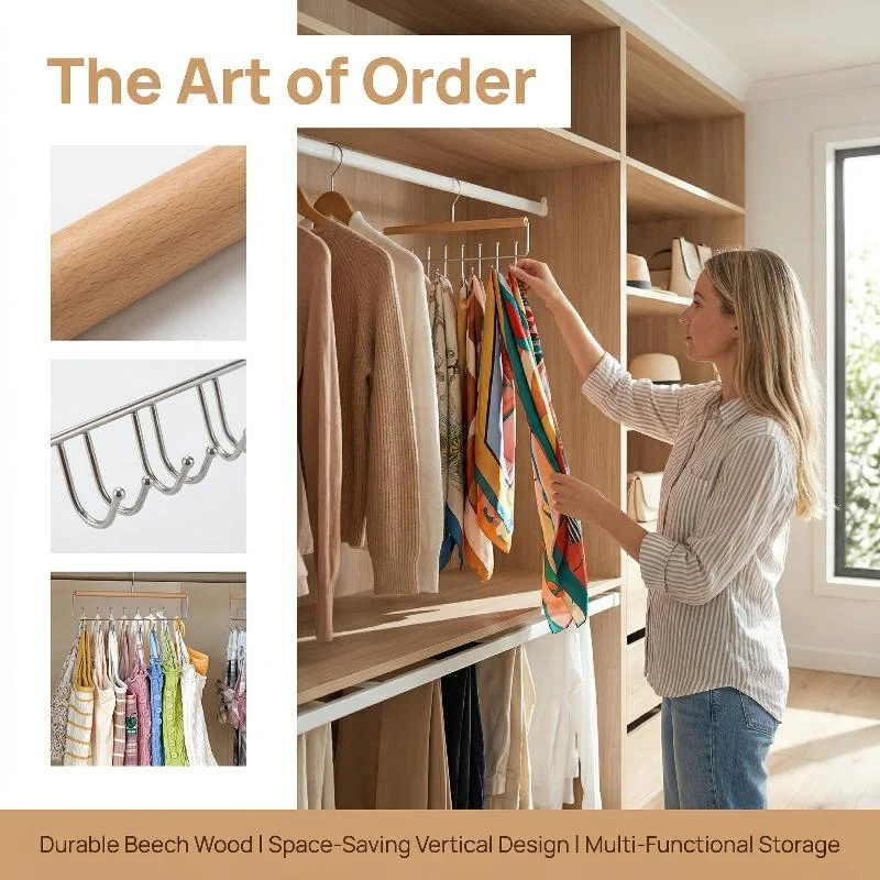 1pc Versatile Wooden Hat Organizer Rack With Hooks Caps Belts Ties Storage Space-Saving Home Retail Display Clothes Storage view 2