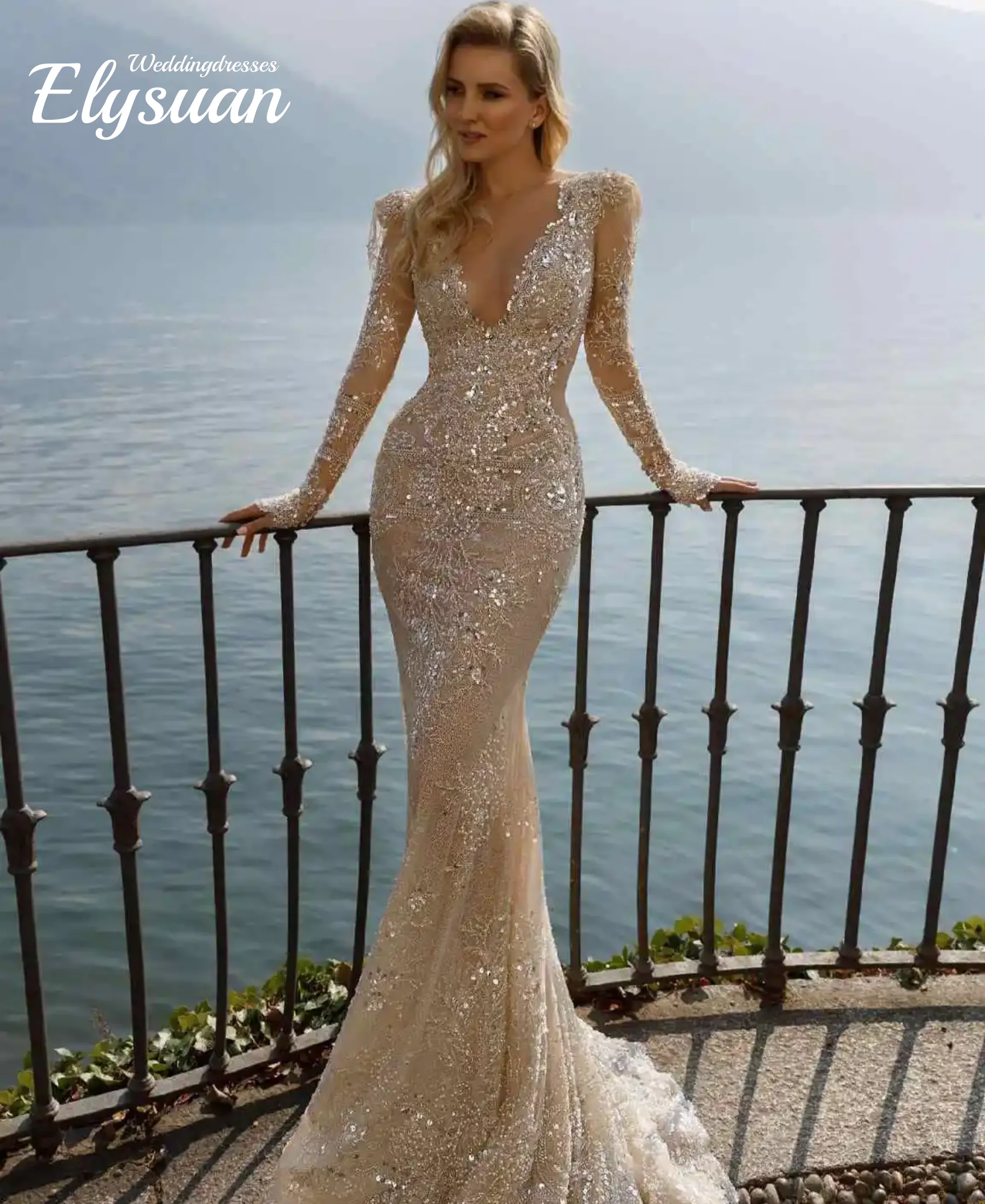 فستان سهرة بحورية البحر سباركلي مخصص بأكمام طويلة سويب تراين للحفلات الراقصة مزين بالترتر فستان الزفاف فيستدو دي نوفيا #3