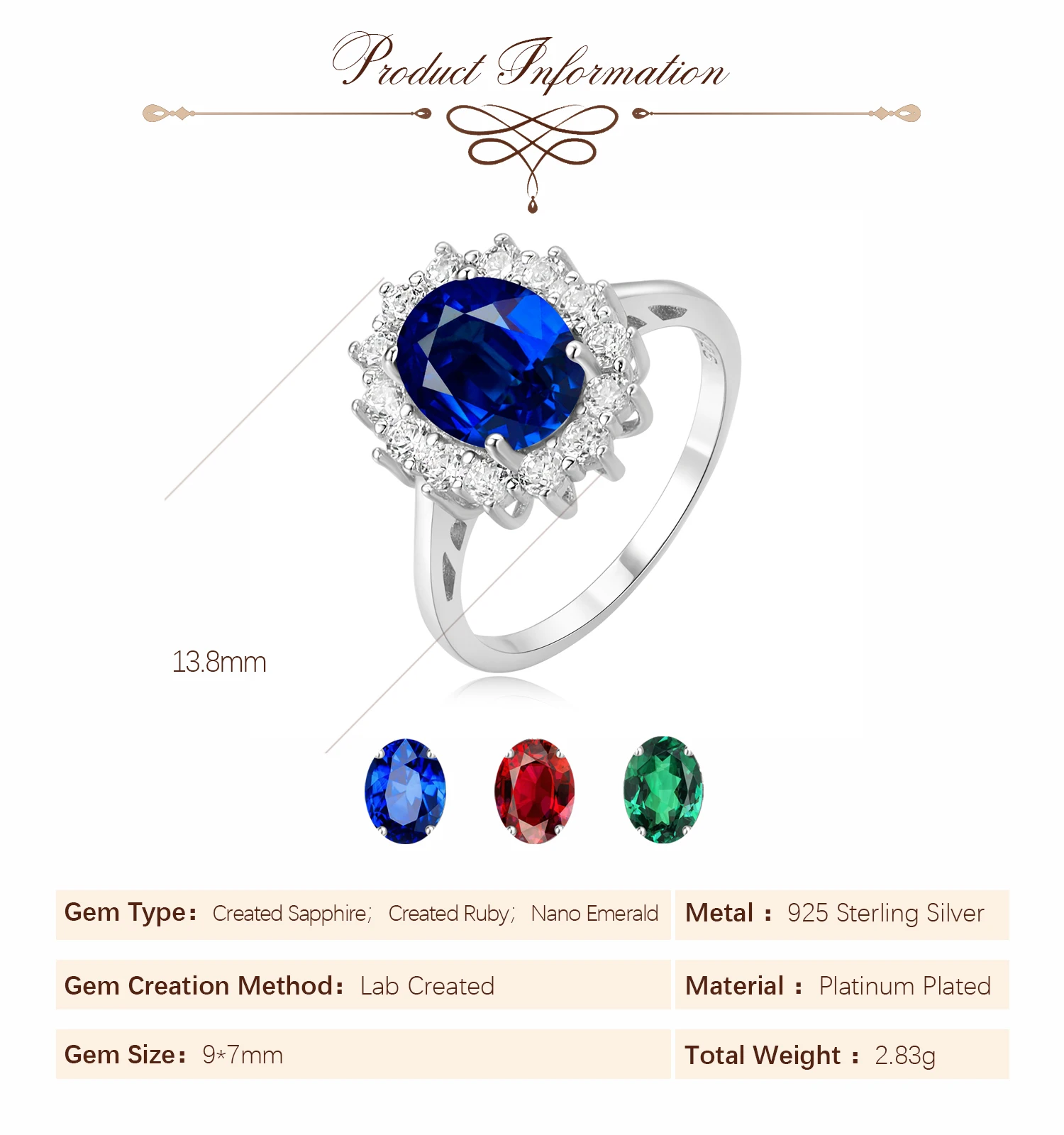 Potiy Halo Rings for Women Created Blue Sapphire Nano Emerald Red Ruby Princess Diana 2.67ct Oval Cut 925 Sterling Silver Rings