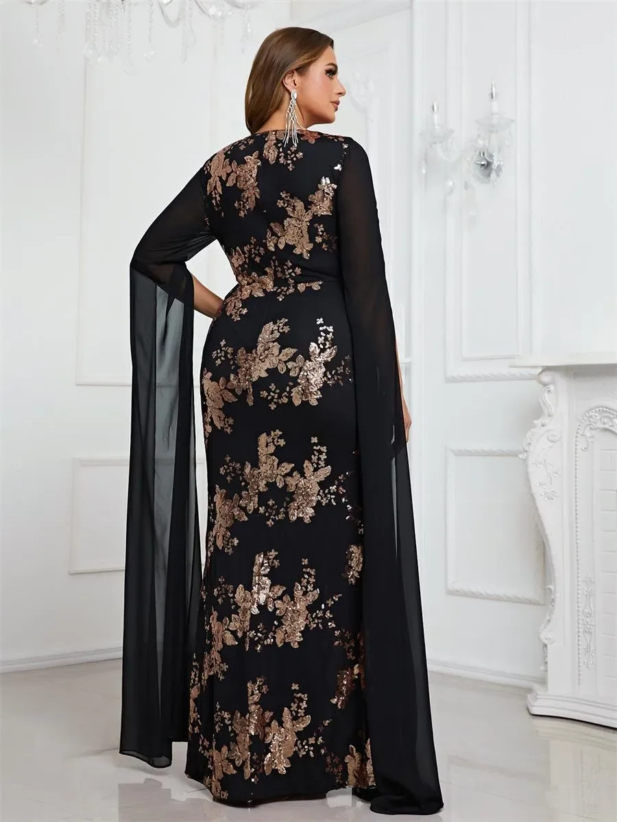 Customize Oversized Evening Dress Sequin Chiffon Long Sleeve Party Dress Musilm Heavy Industry Prom Dress