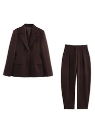 HH Women 2 Piece Set Lapel Long Sleeves Single Breasted Pocket Decorate Blazer Top+Fashion Side Pockets Zipper Trousers