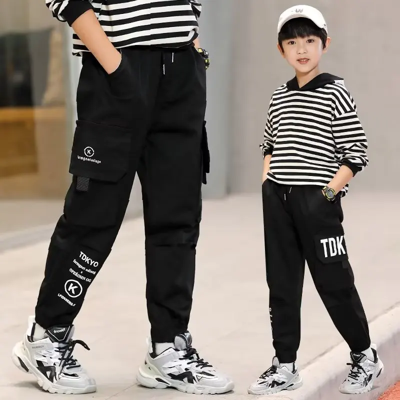 2024 New Boys Letter Print Cargo Pants Thick Trousers for Winter Autumn Kids Fleece Sport Pants Teenage Children Casual Clothes