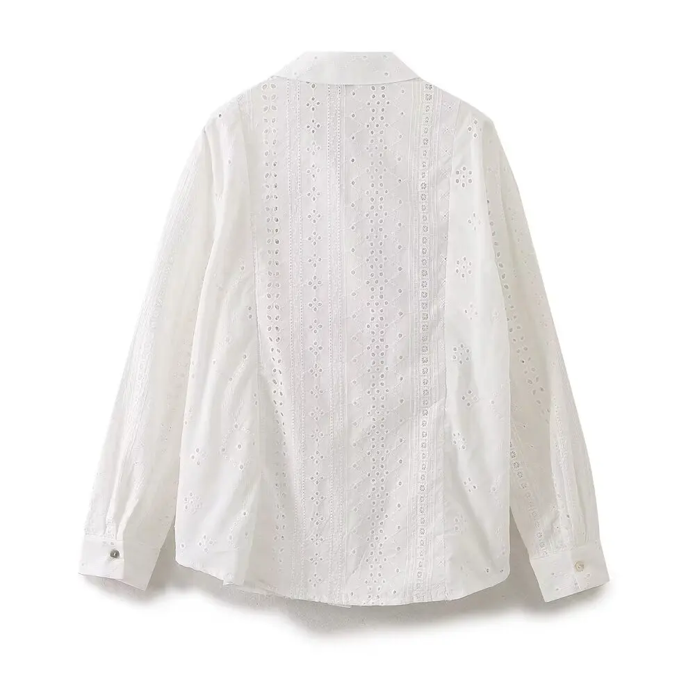 Tangada Women White Embroidery Cotton Shirt Long Sleeve 2024 Female Beach Blouse Tops 6H0156