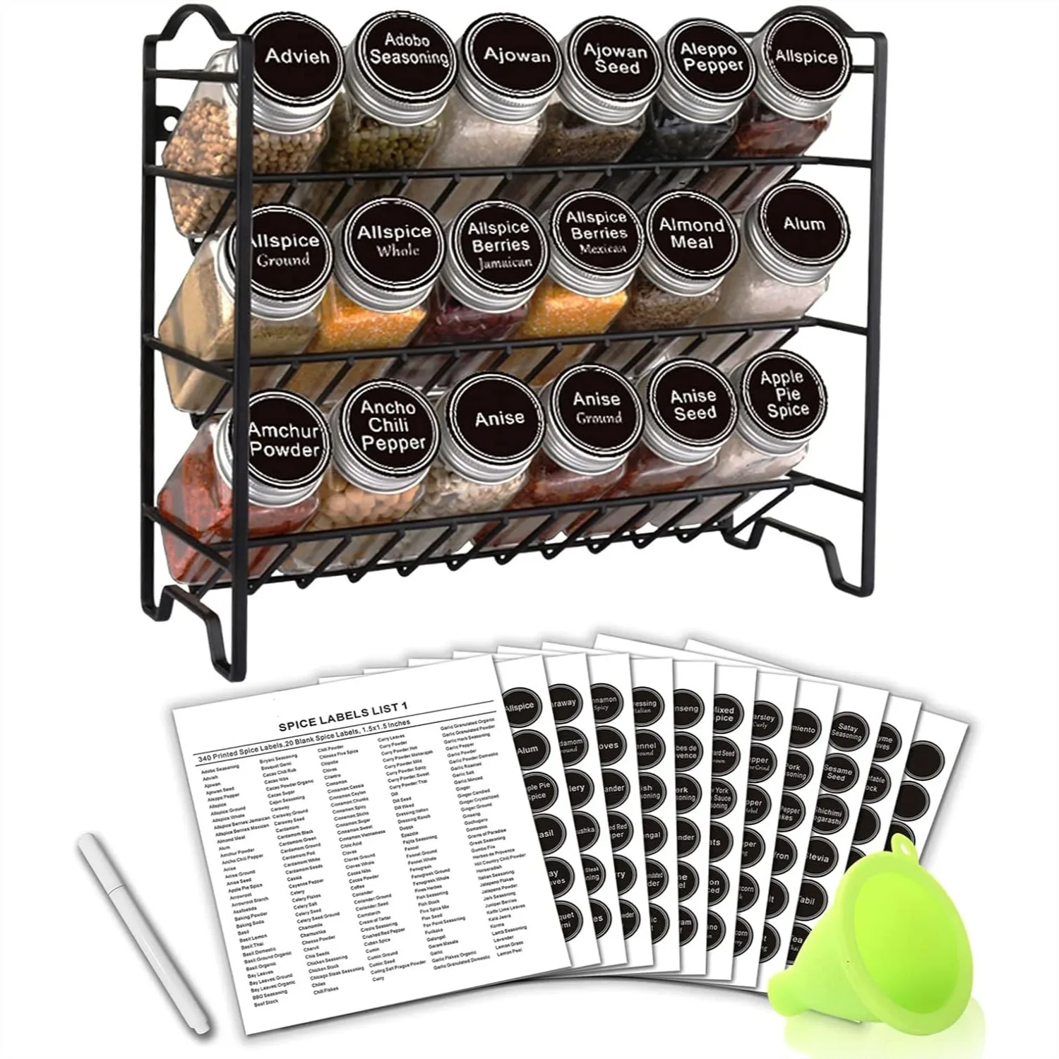 

Spice Rack Organizer with 18 Empty Square Spice Jars, 396 Labels, Chalk Marker and Funnel, for Countertop Cabinet Wall Mount