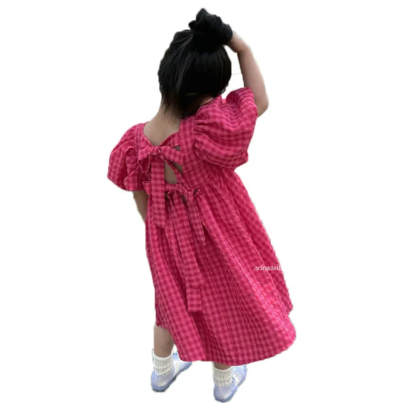 Girls' dress with puff sleeves, plaid tie dress, princess dress26New summer children's clothing wholesale