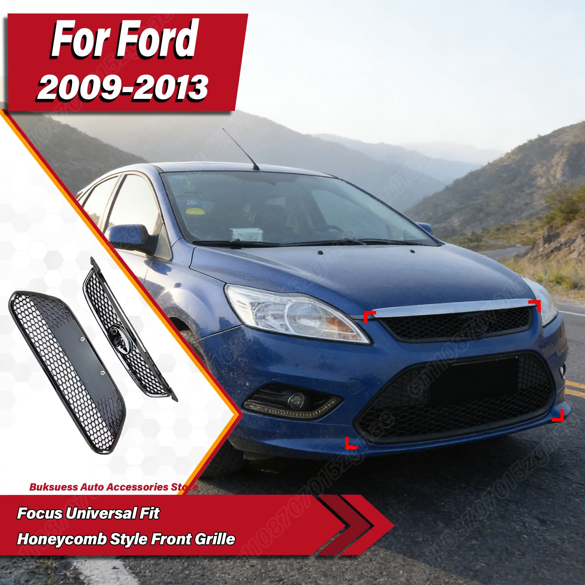 

Для Ford Focus 2009-2013: Комплект обвеса с решеткой радиатора в стиле «соты» (верхняя и нижняя)