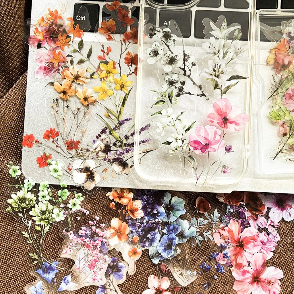 50 Sheets Vintage Ink Watercolor Floral PET Waterproof Stickers for Scrapbooking DIY Phone Case Laptop Decoration