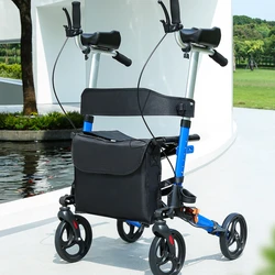 Foldable Walker with Seat & Adjustable Height - Mobility Aid Push Cart for Elderly, Portable Assistive Walking Support Rollator