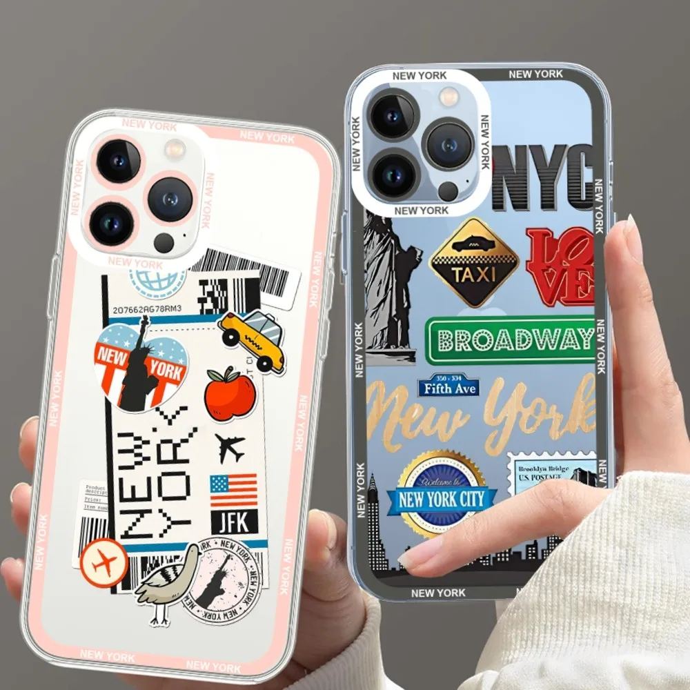 New York Sticker Labels Phone Case For iPhone 11 12 Mini 13 14 15 Pro Max Transparent Shell