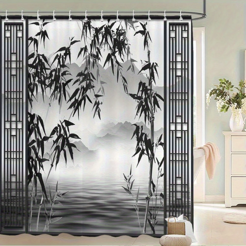 1pc Misty Landscape Shower Curtain Bath Curtain Bathroom Curtain with Realistic Black And White Leaves And Calm Water Scene for