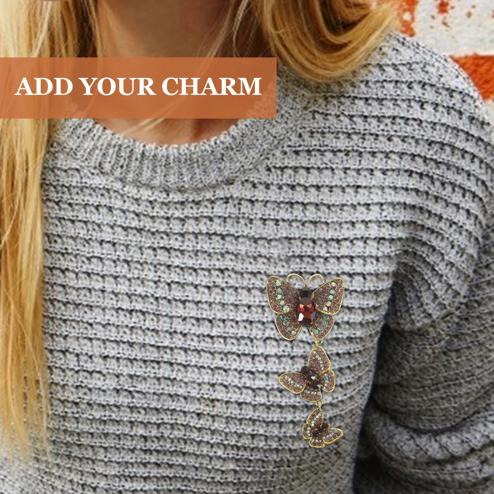 

Elegant Purple Butterfly Brooch Pin Triple Rhinestone Embellished Lapel Pin for Suit Dress Scarf Backpack Jewelry