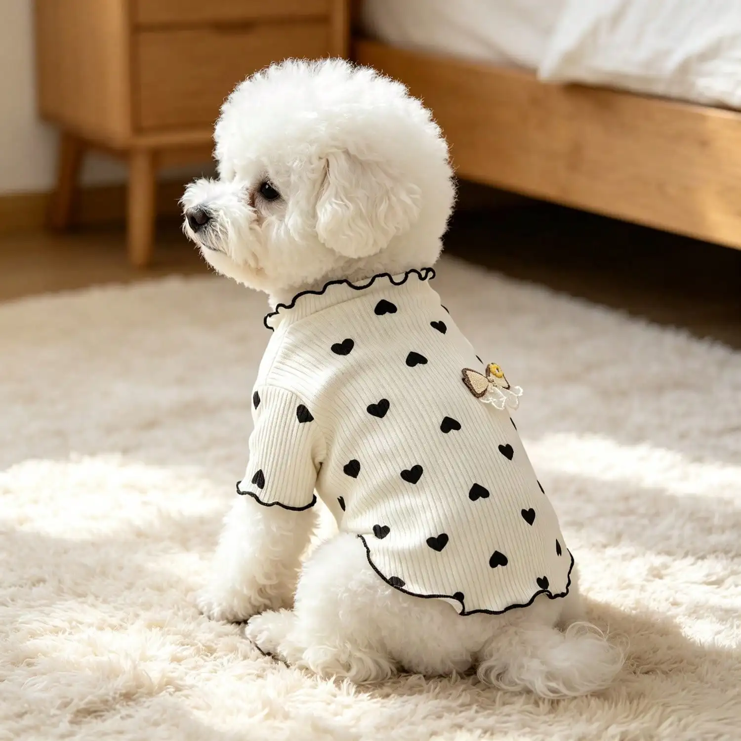 1 Stück geripptes Oberteil mit Herzmuster für kleine Hunde mit Spitzenschleife, lässiges Haustier-Shirt – Detail 17