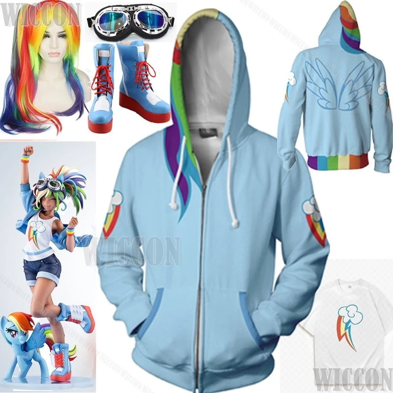 Rainbow Dash Little Pony Anime Cosplay Costume Blue Coat Rainbow Shirt Blue Boot Goggles High Ponytail Wig Girl Child Customized