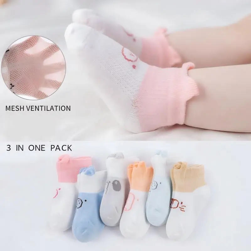 

3 пары летних дышащих сетчатых носков для новорожденных с ушками, мягкие хлопковые однотонные носки с милым мультяшным дизайном для девочек 0-3 лет